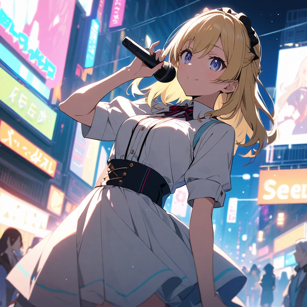 (RAW photo:1.2, photorealistic:1.3), masterpiece:1.4, best quality:1.3, Highest details:1.3, beautiful and aesthetic, extremely detailed CG unity 8k wallpaper,( vibrant colors:1.1), high resolution, see-through white short dress and a bow tie, anime visual of a cute girl, official character art, anime girl, official art, single character full body, anime full body illustration, full body portrait of a short!, female anime character, as an anime character, a-1 pictures, full body with costume, rei hiroe, anime best girl, blond bob hair, on the stage, dynamic pose, dancing, smile, bust shot