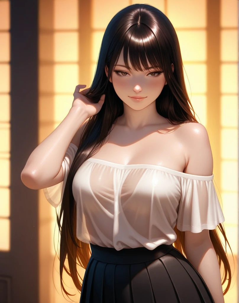 (masterpiece), best quality, expressive eyes, eyeglass, cute girl, perfect face, black ebony skin, half naked, large open neckline, white apron, orange color full sleeve clothes  perfect shaped body,long hair, black hair, orange eyes, large breast, big breasts, black skin, ultra realistic detailed orange eyes, long and open hair, looking at camera, innocent eyes, innocent face, very cute anime girl face, black skin anime girl, cute smile on her face, flower necklace on her head, wearing flower bracelets on her hand, thigh legs
