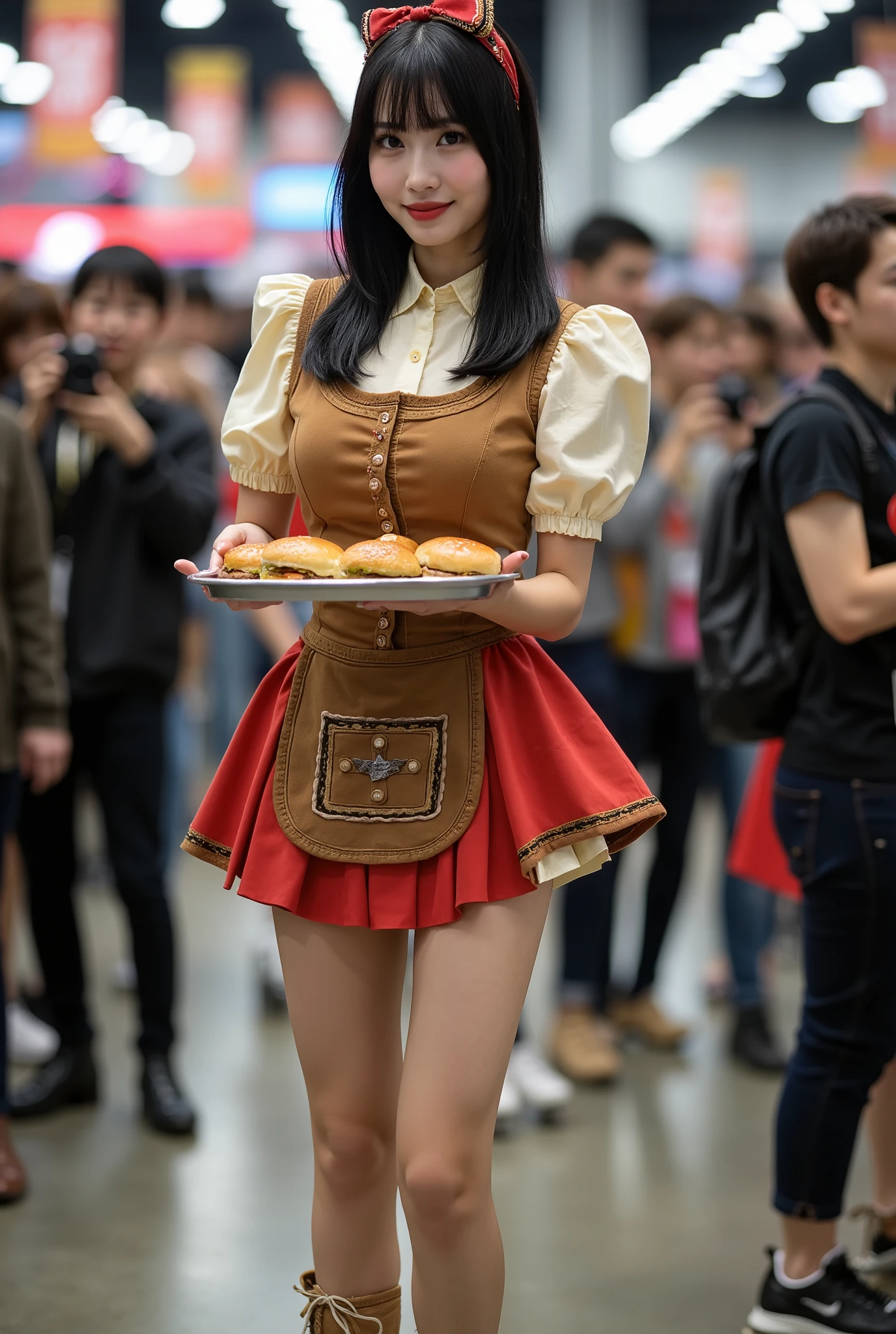 Create a portrait of an exceptionally beautiful Japanese female singer with a slender physique, medium bust, and thin legs. She has medium-length hair and is wearing a waitress outfit inspired by a Western saloon, featuring a skirt with a small apron design. She is on roller skates, balancing a tray of hamburgers at a lively comic convention, surrounded by a crowd of enthusiastic guests and photographers aiming their cameras at her. The shot should be a full-body view.