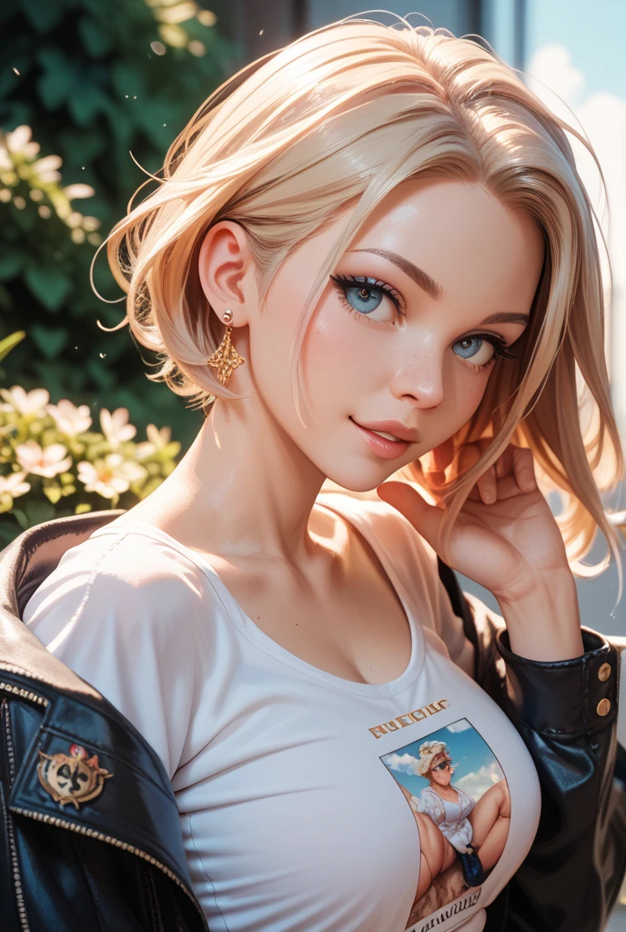 first portrait, sexy SSpelo rubio, parted lips, lips, casual wear, looking at the viewer, forest background, evening lights, Realistic busty