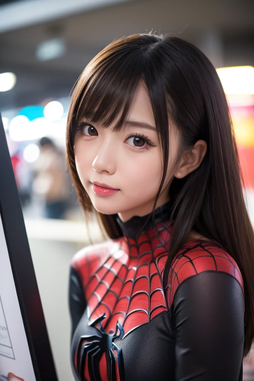 japanese girl, 20-year-old, dark makeup, detailed face, long hair, black hair, beautiful eyes, realistic, face close up, smile, sexy pose, Wearing a shiny rubber Spider-Man suit, long sleeve, rubber gloves, 8k, cinematic, sexy girl