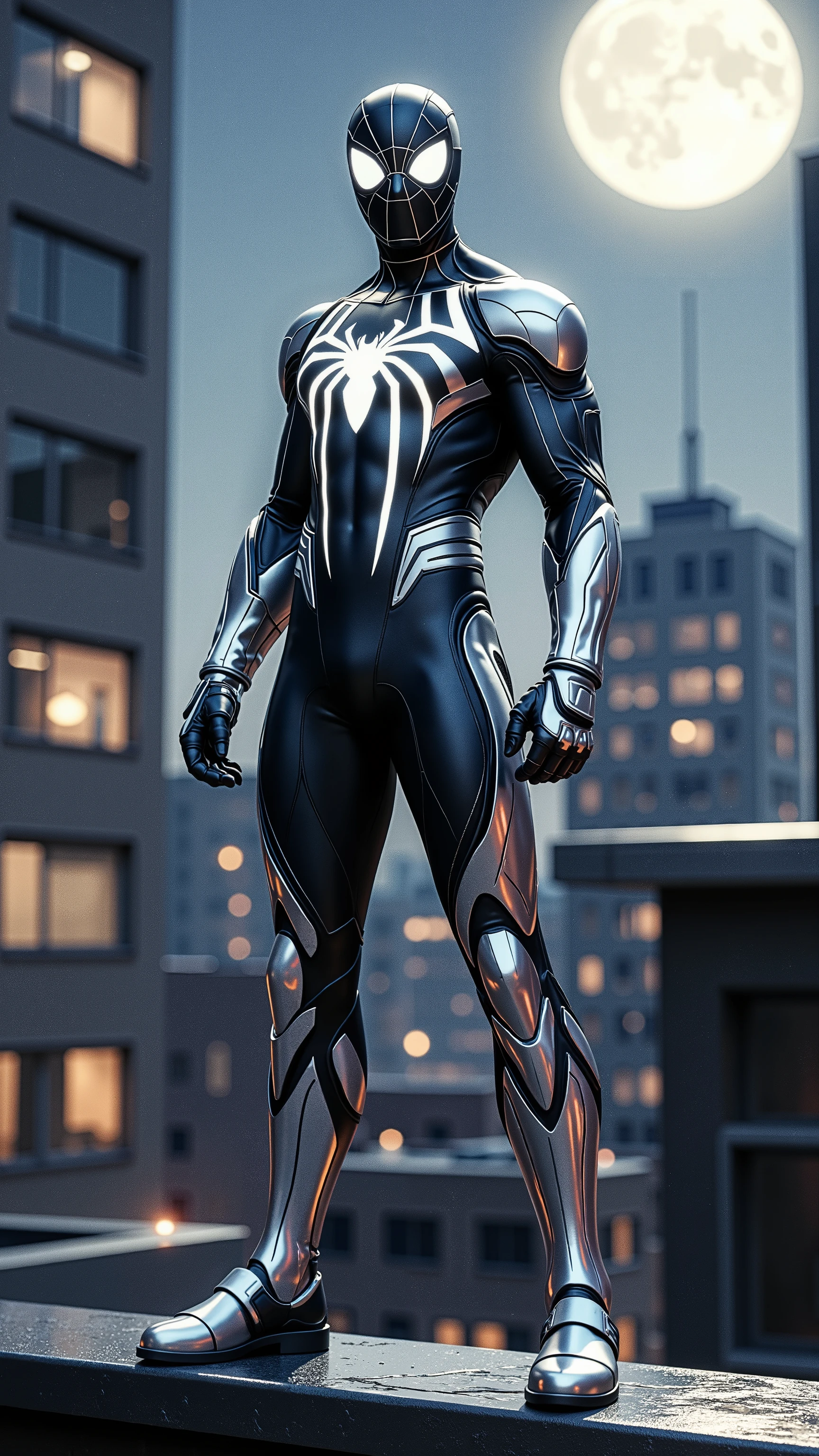 "Sleek and polished Spider-Man in reflective silver armor, glowing white eyes, agile and elegant stance, standing from head to toe, full body in frame, moonlit rooftop in the background, ultra-detailed, cinematic atmosphere, 8K"