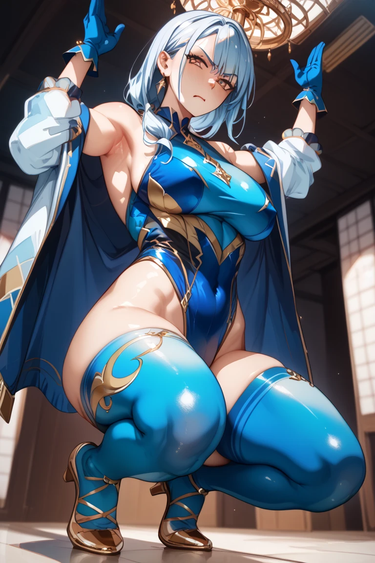 Eve wearing costume of chun li and doing standing split, eve, Stellar Blade, chunli Large breast, curvy body, thicc thighs, 1girl,solo,heavy makeup,cute,earrings,ring braid,(lewd smile:1.1),holding thigh,long ponytail,idol,hooker, Chun li costume, (battleground:1.1),