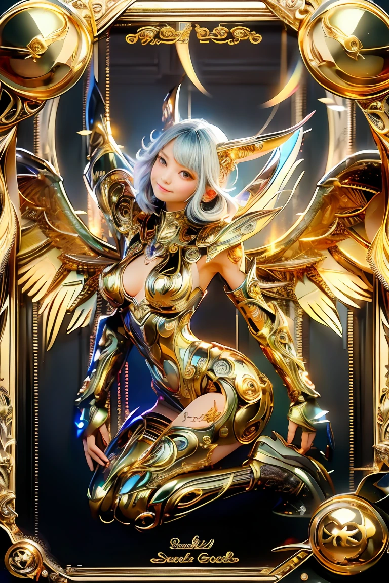 medium shot (looking at viewer:1.4), grace.gs <lora:grace.gs:0.9>, (freckles:0.9), (bare shoulder:1.4), big boobs, <lora:AMechaSSS:0.6>, (gold and silver theme) (shiny mecha musume) (shiny robot wings) (shiny machanical_parts), (robot joints), (silk intricate pattern yifu) <lora:yifuEnd:0.4>, (black hair), cyberpunk, (nobble hairstyle), (dark studio background:1.2), watersplash background