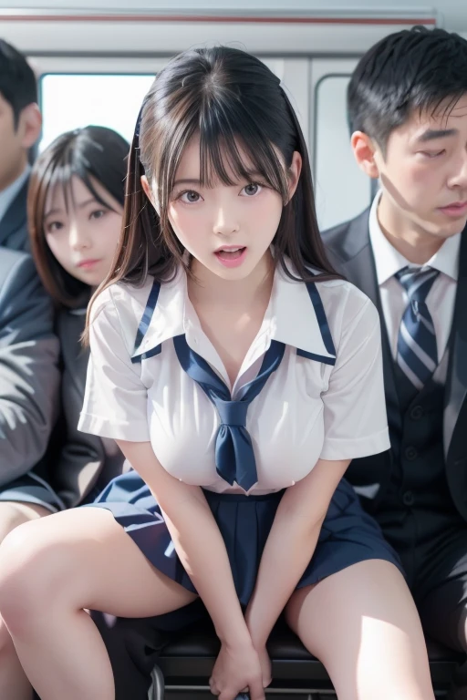 crowded train, M naked girl, collar, put your arm behind her, I look down embarrassedly, embarrassing, big breasts, beautiful nipples, Top-class, 19-year-old beauty, a dressed man behind a girl, man restraining a girl,