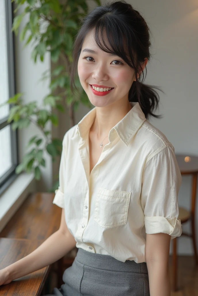 (8k, RAW Photos, Highest quality, masterpiece:1.2), (Realistic, photo-Realistic:1.37), Very detailed, 1 girl,cute, alone,Beautifully detailed skies,Detailed Cafe,night,Sitting,Date,(Red nose),(smile:1.1),(Mouth closed),Large Breasts, seductive smile, Large opening, Professional Lighting, Sony A7R4, Zesse 50mm F1.8, Medium chest,Beautiful attention to detail,(Collared shirt:1.1), bow tie,Pleated skirt,(short hair:1.2),Floating Hair
