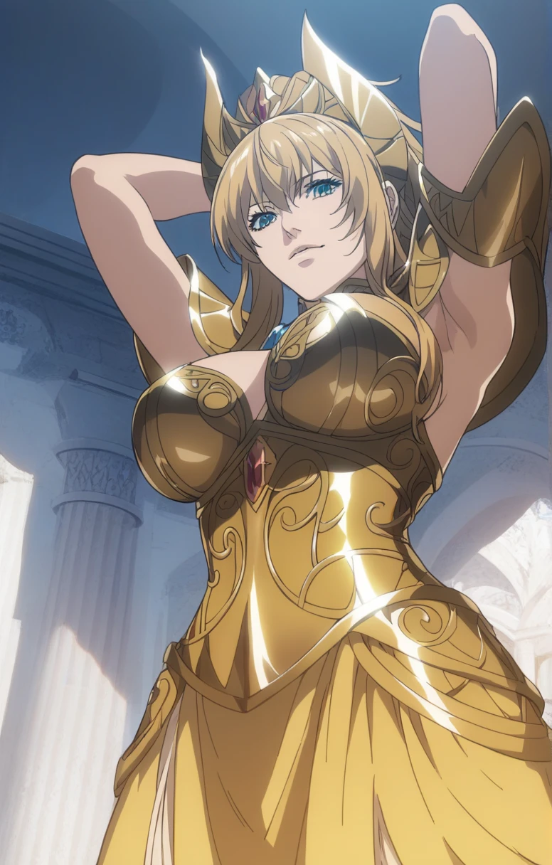 (Hermela, Goddess of Day, Incarnation of Day, ((Maiden)), ((Medium Breasts)), (Wife), Integrity, Justice, (Extreme Majesty), Golden Eyes, Golden Lips, Gold Dust, Passion Like Fire, (Creates a Glorious Atmosphere), Fair Skin, Blonde Hair, (Pregnant Mother), Short Hair, Beautiful Legs, Ancient Greek God's Costume, God of Day, (Lots of Exquisite Gold Ornaments), Perfect Flesh, Full of Texture, Scorching Rendering, Jaw-dropping, Captivating visual enjoyment, (( Best Quality)), ((Masterpiece)), Maximum Definition, Multi-layer Texture, Super Detailed, Illustration, (Super Detailed Face), (Perfect Face), Clear Texture, Fine Texture, Ultra HD Detail Display, Excellent Image Performance, High Quality Illustration, Perfect Fit and Harmonious Tone, Deep Lines, Precise Brush Strokes, Strong Three-Dimensional and Delicate Wear, Wonderful Color Matching, Intricate Details