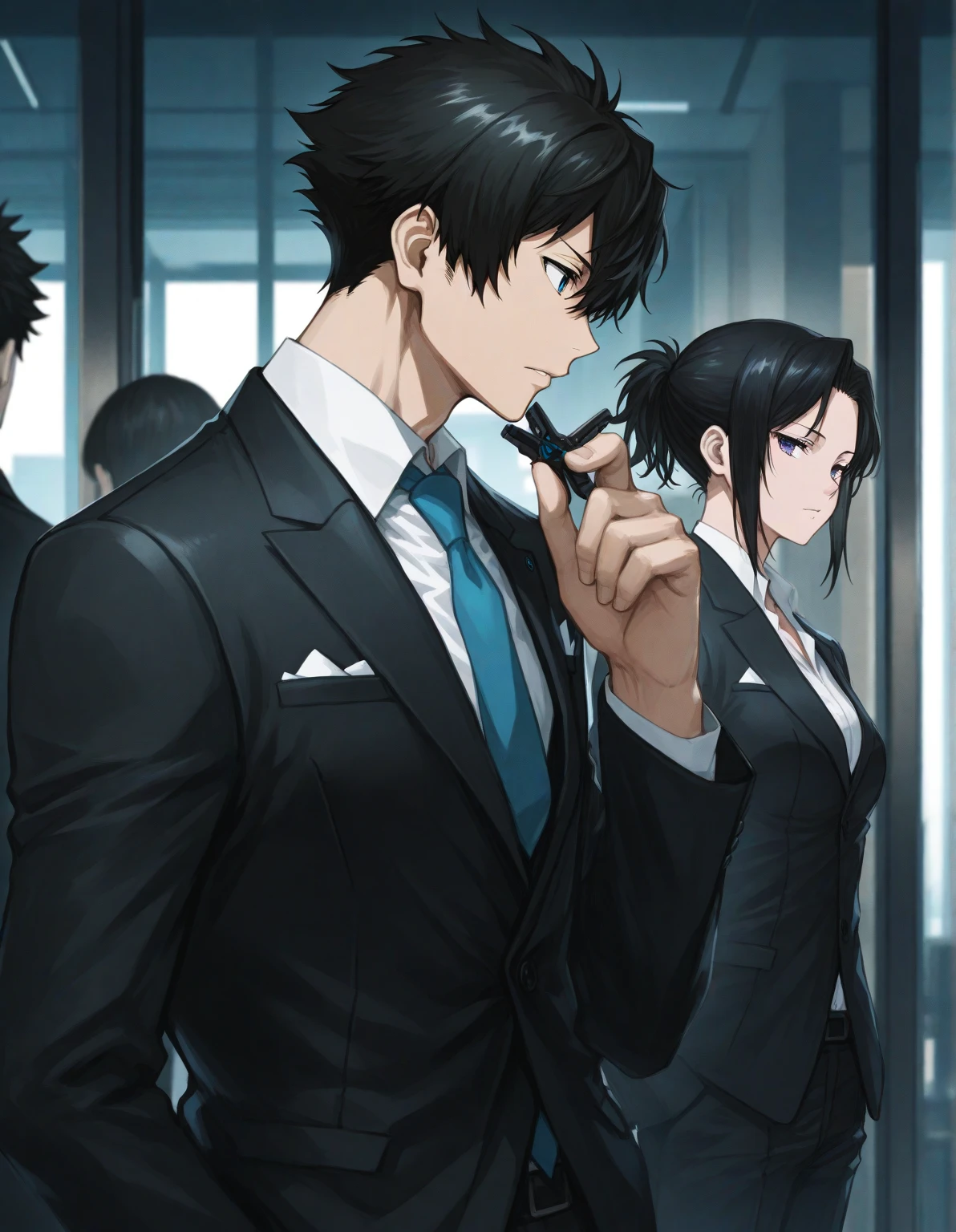 masterpiece,Highest quality,(1 person:1.3), Age 25,short hair,Colored hints,Curly Hair,Tinted Glasses,Earrings,gun,tie,topless,corset,Mafia Style,handcuffs,Wrap coat,street,From above,(Dutch Angle, Fisheye Lens),Lens flare,Depth of written boundary