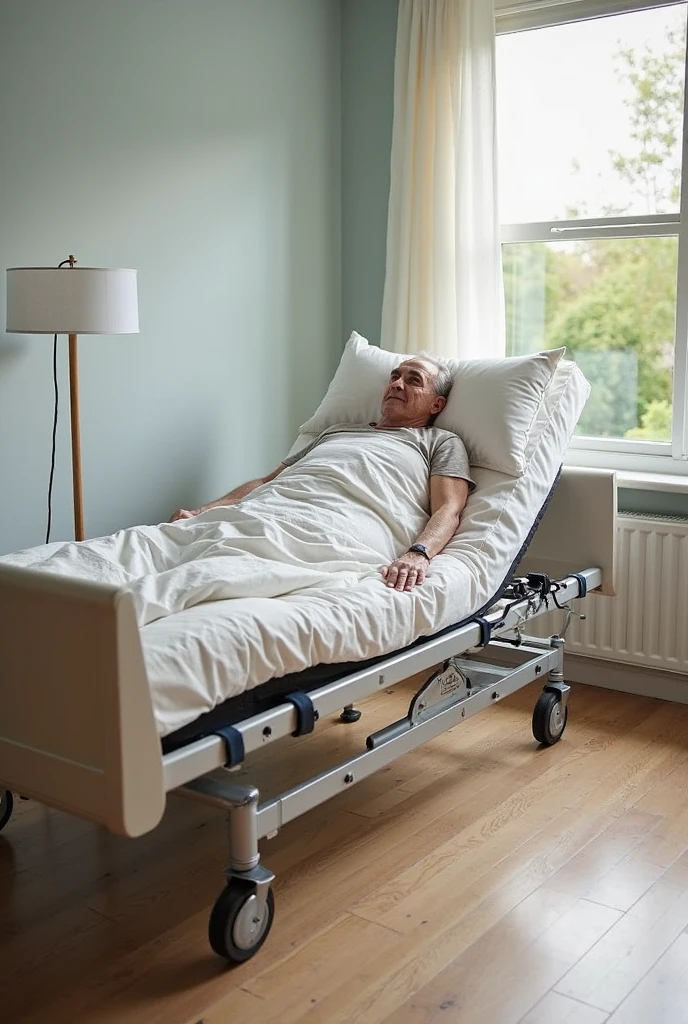 /In a hospital bed, a 60-year-old man, with a tired appearance, elegant man, gray hair, gray beard, a rich man, wearing hospital clothes, high definition image, 4k image, image quality.