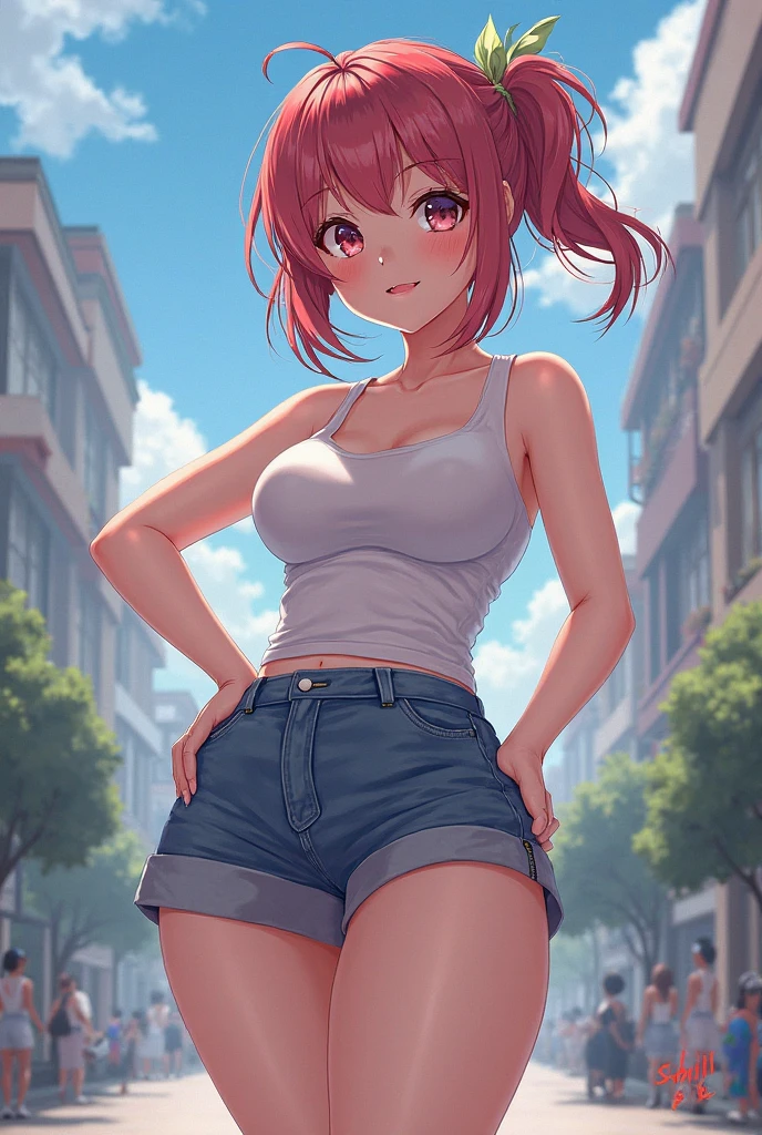 volumetric lighting, best shadows, shallow depth of field, portrait of stunning, petite, delicate girl, attractive face, seductive green eyes, happy smile, closed mouth, lovely medium breasts, (short red hair), freckles, thick eyelashes, pink open pop jacket, white underboob mini t-shirt, open navel, slim waist, denim shorts, walking on the street, (high quality, amazing details: 1.25), bright colorful paintings,