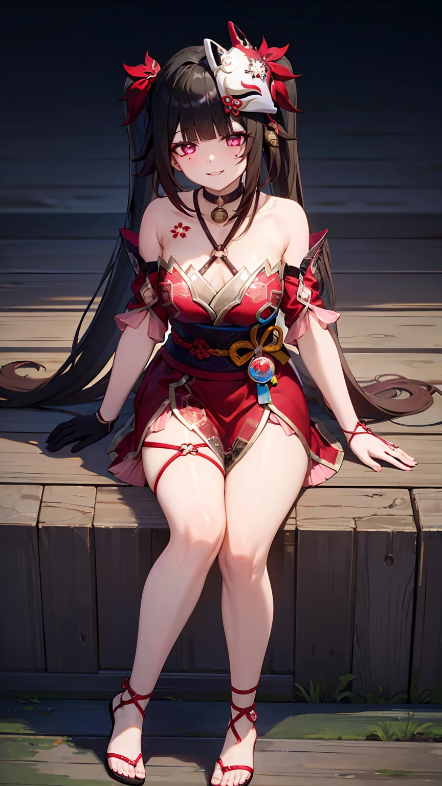cara: Estilo de Arte Digital: Estilo Anime Cor: Predominantemente vermelho com contrastes de preto e branco, Cor dos olhos: vermelho carmesim brilhante, com reflexos luminosos. Cor do cabelo Preto com mechas vermelhas, PENTEADO: Longo com twintails, adornado com o tradicional enfeite de cabelo vermelho e dourado, (((mischievous and playful smile with a touch of mischief))), muscular and sadistic legs, (((cena de praia))), Standing, (foto de corpo inteiro), unhas bem cuidadas, unhas vermelhas, ((usando um biquini muito curto e sexy))