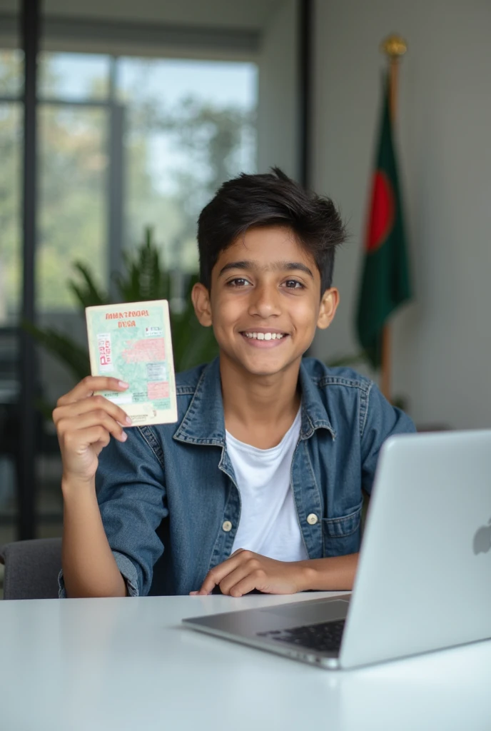 A cute 18-year-old boy sitting on top of the Facebook logo holding the flag of Bangladesh.