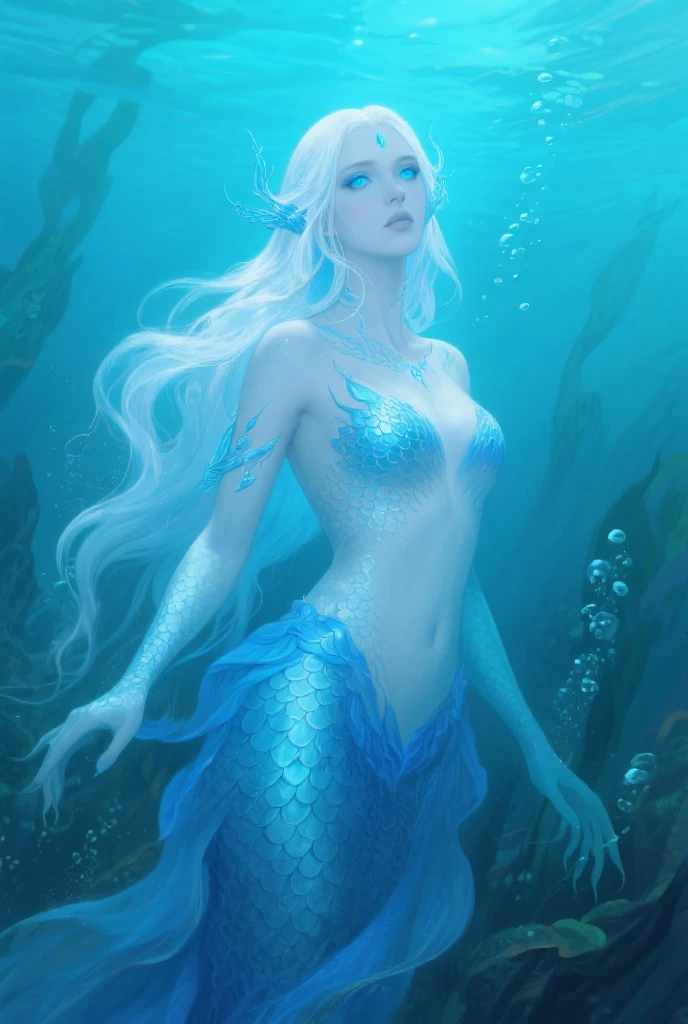(best quality, masterpiece) an incredibly detailed, ethereal and otherworldly artwork of a mermaid in an underwater world. Silver scales, long flowing translucant jellyfish-like hair in a deep ocean blue, captivating gaze. She holds a seashell crown and wears nothing but a few seashell access. Sunset-like colors, sparkling water, and dreamy ambiance complement the scene. Highly detailed, super high resolution, (full body), cinematic light