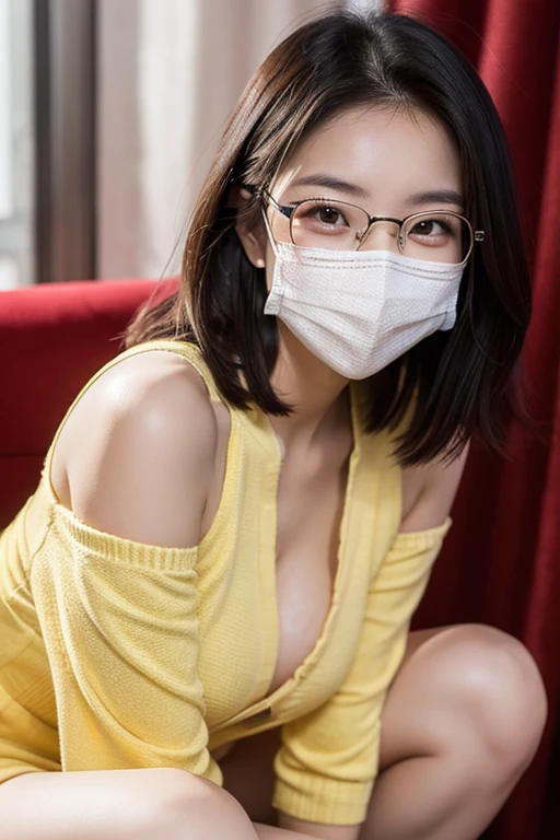 medium shot, (((completely nude))),living room, japanese lady, pale skin, droopy eyes, 20 year old, bowl cut hair,high quality:1.3, from front, Professional lighting:2.0 realistic:1.2,cinematic lighting, 4k resolution, detailed skin, masterpiece:1.1,(Glasses:1.3),erect nipples,shaved pussy,(realistic pussy),camel toe,((Wearing a white mask)),((night)),cowgirlpose,1boy,cowgirl position,(cumdrips),