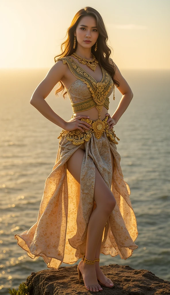 Cuerpo completo Daynaris de Game of trones, caminando por la playa en un entorno de la serie, gran angular, ultra detallado, detalles intrincados, octanaje   renderizado, Volumetric lighting, golden ratio, imagen en 3D, resolucion 64K. Estilo: photographic: lente 50mm, apertura F2.5