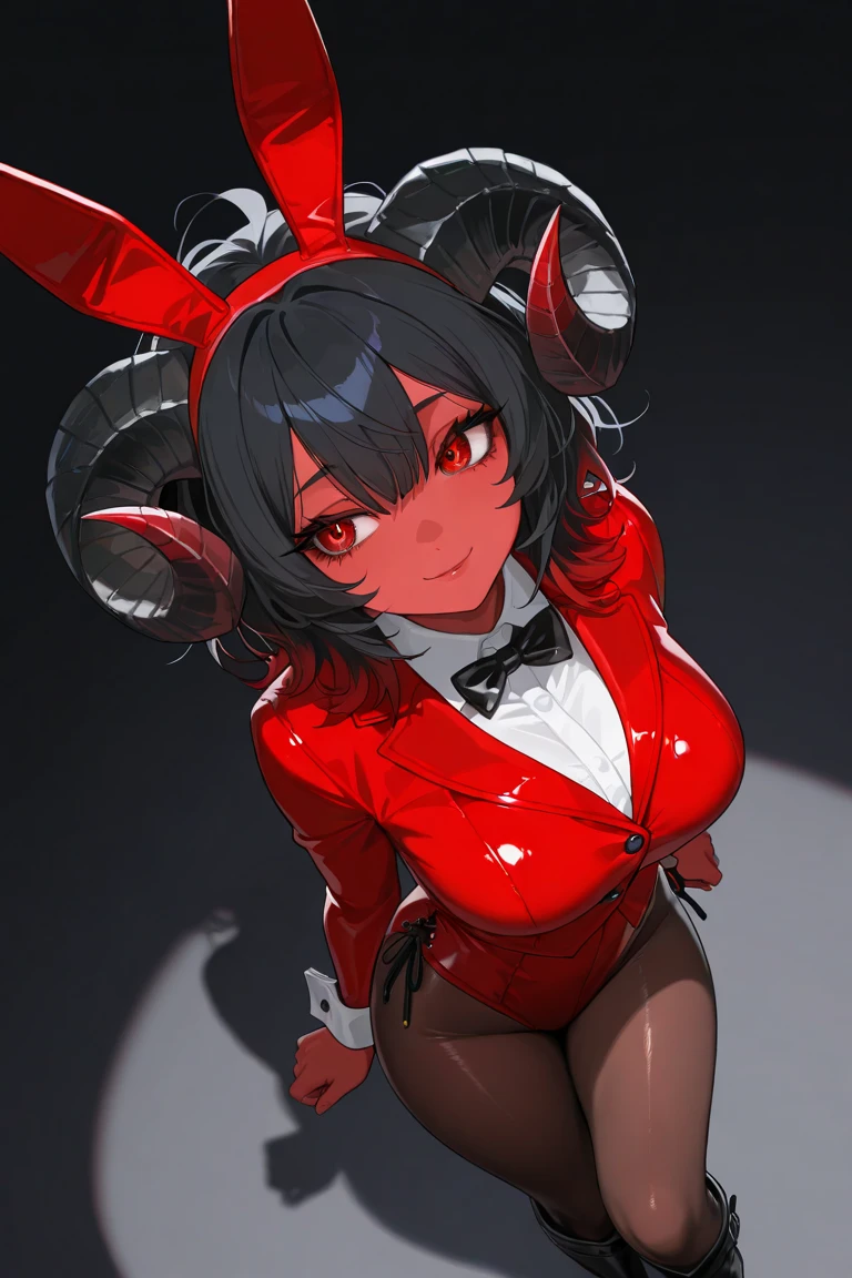 pikkyyor, black hair, red eyes, pantyhose, playboy bunny, bare shoulders, smile, cowboy shot, highly detailed, HD, 4K, Masterpiece, highres