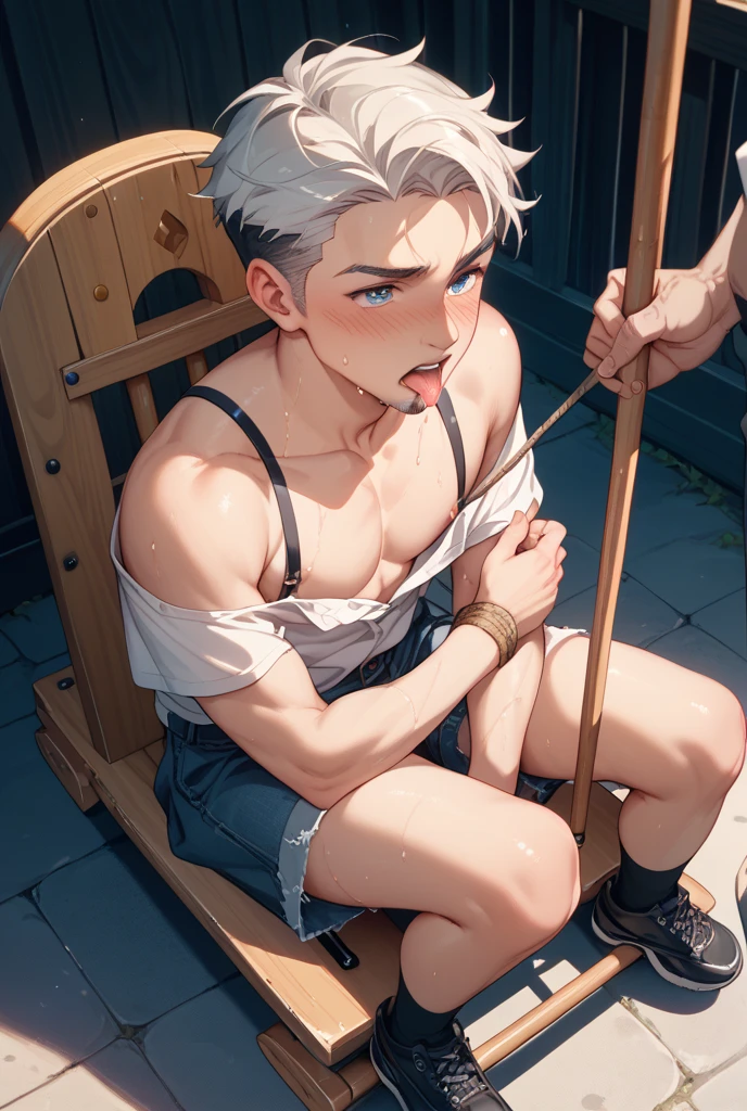 (shota:1.5), (naked:1.4), (cum:1.6), (handjob1.5), masturbation, (small penis:1.5), (((best quality))), (((masterpiece))), (ultra detailed), (skinny:1.4), (drooling:1.2), ((spiked hair)), black hair, wine red eyes, ((raised arms)), (((spread legs))), (sweaty skin:1.3), (prison:1.3), wood floor, (crying:1.5), ((earings)), (breathing), (window), (blue sky), (chain on neck), (chain leash), ((chain handcuff)), full body shot