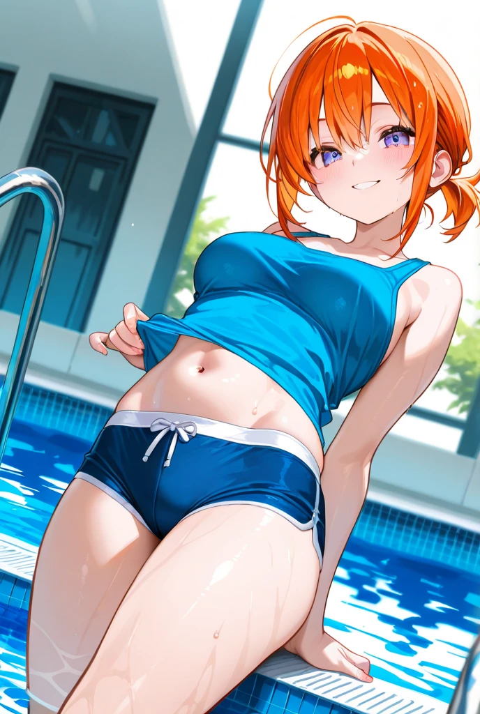 (Perfect body),highest quality,16k、Masseter muscle part、((NSFW))、(())、low length、((((embarrassing))))、:d、Tree Fe○lumes、short hair、(blue eyes),redhead、Pigtails、((Sweat))、((flat chest))、swollen nipples、(Poolside)、cloudy sky、white school swimsuit、second armpit、Hands restrained behind the head、On my back、thick thighs、spread your legs、sleeping on one's back