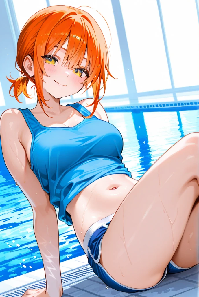 1girl、fine skin、Glossy skin、sexy、Kirby、Middle breast、waist、grin、cowboy shot、red micro bikini、From the side、show your neck、swimming pool、green eyes、orange hair、pixie cut