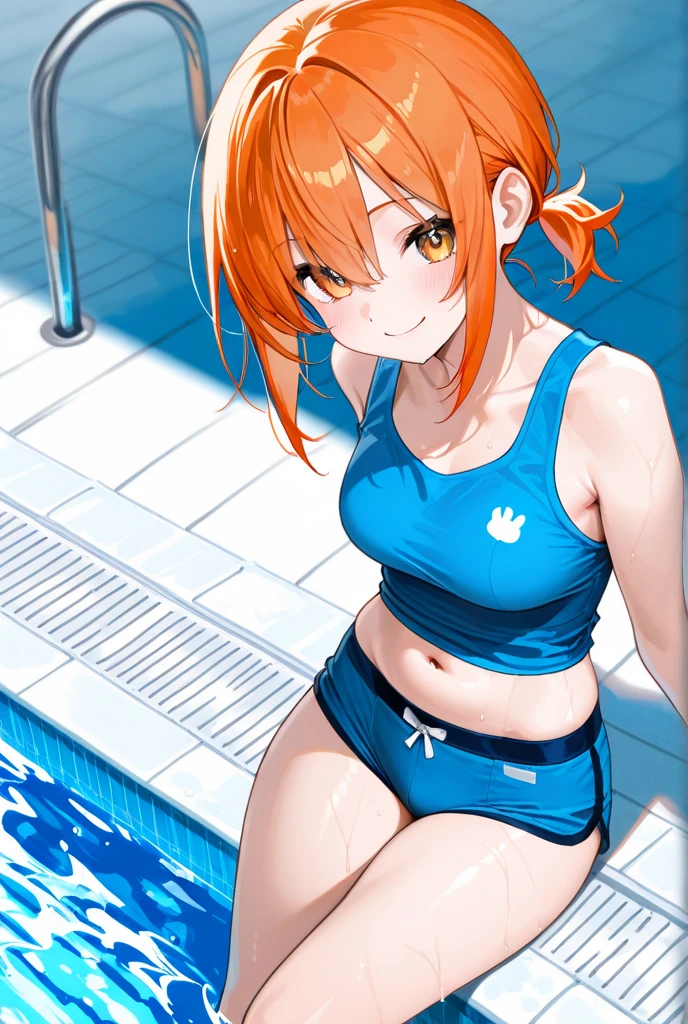 1 girl, masterpiece, best quality, highres, ro1, Misty from pokemon, hair bun, blue eyes, bikini top, blue bicycle shorts, small ponytail on the side, wristwatch, standing, hand on hip, smile, open mouth, (sparkle:1.1), orange hair, medium breasts, 3/4 body view, outdoors, swimming pool
