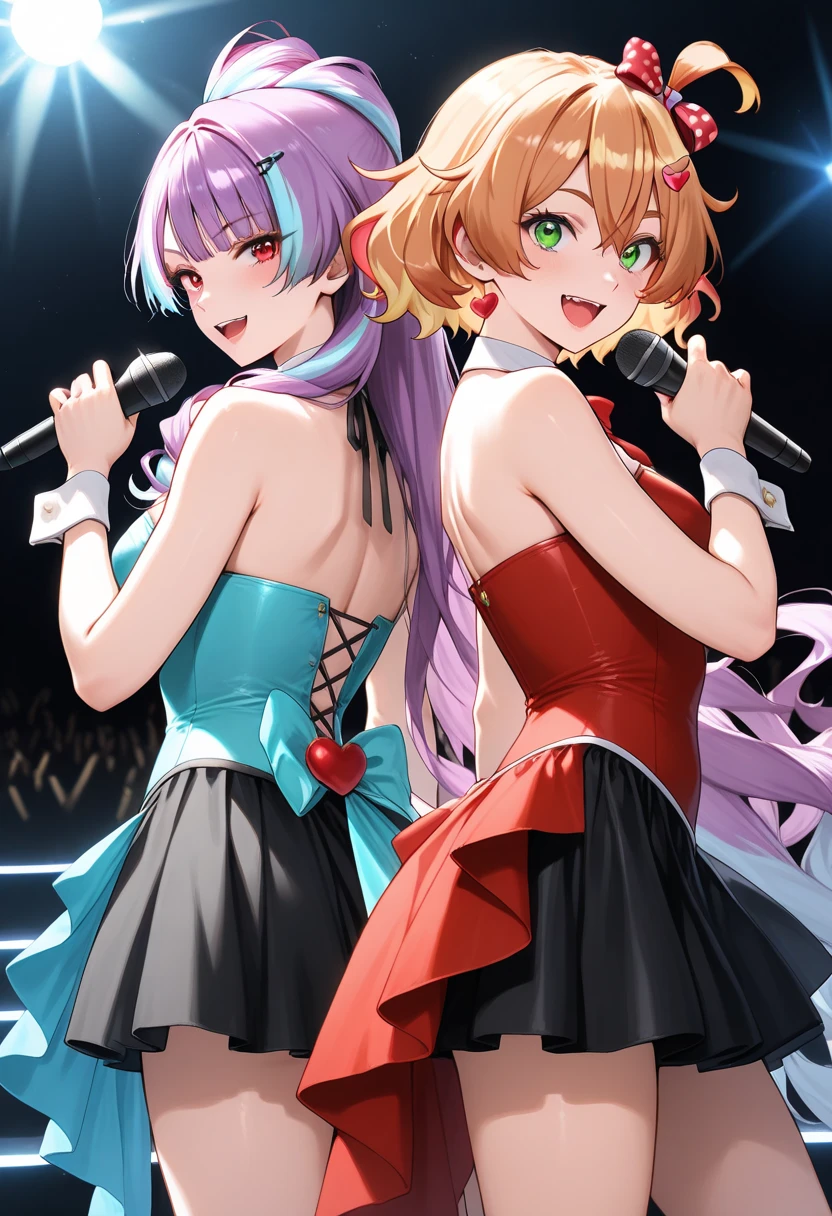 (masterpiece, best quality, absurdres), high quality, highres, ultra detailed, intricate, cinematic lighting, wallpaper, soft lighting, night, night light, cowboy shot, full shot, looking at viewer, beautiful woman, 1girl, parted lips, kei Karuizawa, blonde hair, bangs, long ponytail , detailed violet eyes, ((Super Realistic Detailed Eyes, glowing eyes)), singing in stage, stage, idol vibes, idol, singing, mic, holding a mic, mic stand, positive vibes, smile, open mouth, blue and red costume, blue and red dress