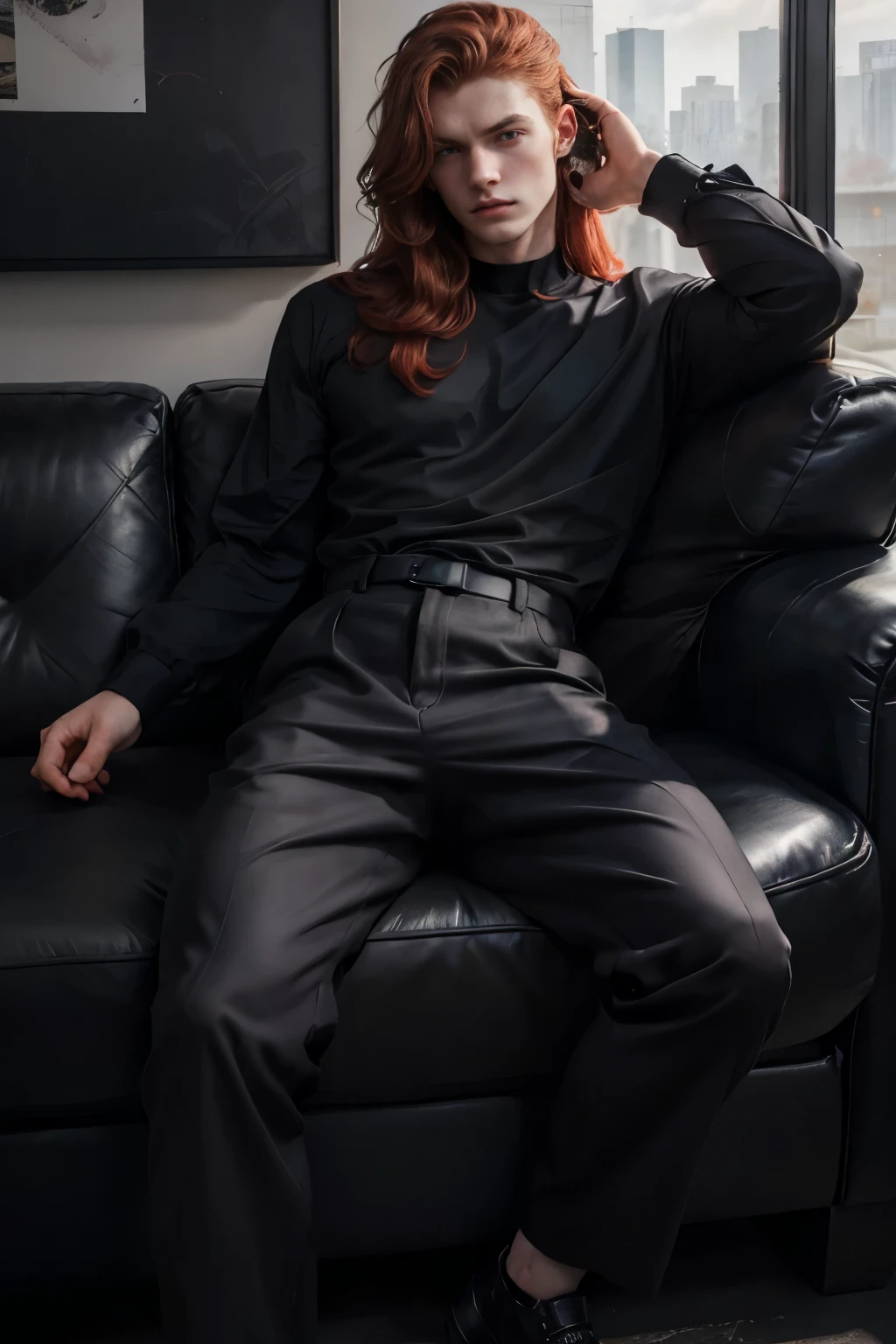 Man with pale skin and long straight red hair, wide body, wearing a black shirt and wide overside dress pants sitting on a black sofa with an industrial style living in the background.