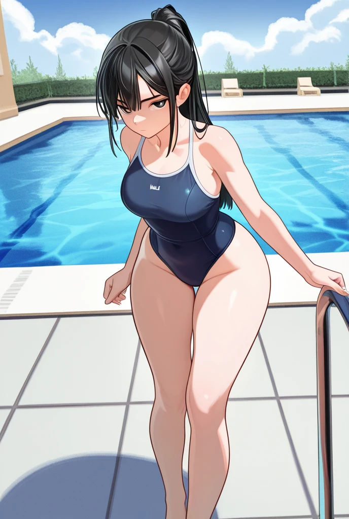 nsfw,beautiful girl,Anime Face,high school girl,Black Hair,parted bangs,steam,(low quality,worst quality:1.4),extra limbs,missing limb,extra digit,fewer digit,missing digit,missing finger,fused fingers,mutated hands and fingers,1girl,sweat,from below,soles of both feet,show the soles of your feet,face forward,stretch your legs,front,sit with legs stretched out,front,embarrassed,competition swimsuit,pool,sagging breasts,straddling