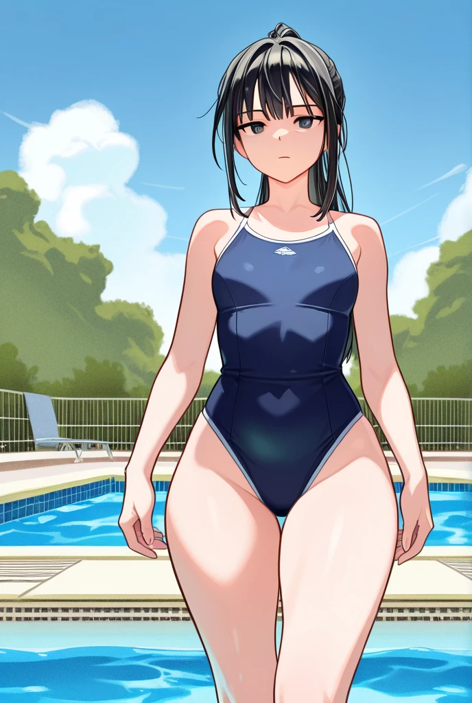 masterpiece,best quality,ultra detailed, best illustration, nsfw, 1girl, black_hair, KK-70, blue one-piece swimsuit