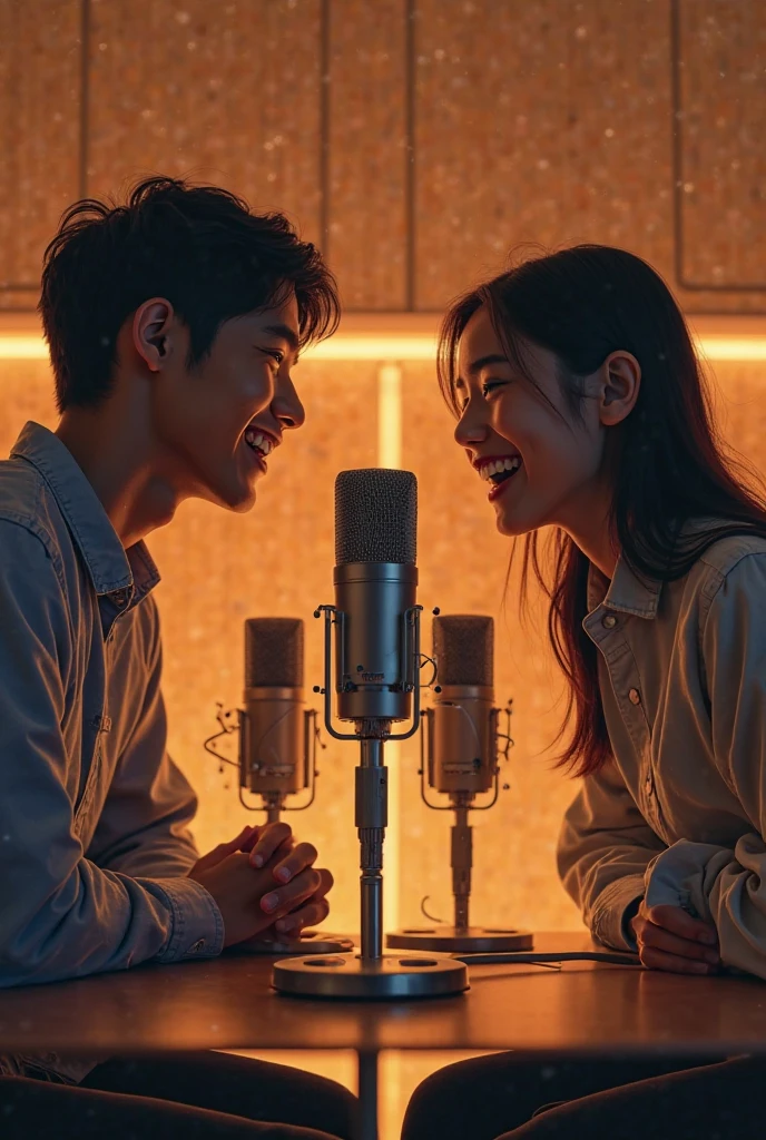 One man and one woman，They sat on the couch，Holding a microphone and smiling, The whitest and best teeth，The album cover, photo shoot, romantic lead, ,living room，night，light，high quality，depth of field，best shade，Perfect hand details，Correct finger structure