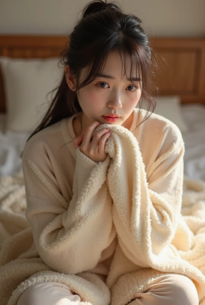 ((highest quality)), ((masterpiece)), (be familiar with), baby face,beautiful girl,single lens reflex camera,Bed,11 years old,,8k,idol face, knit,Depression