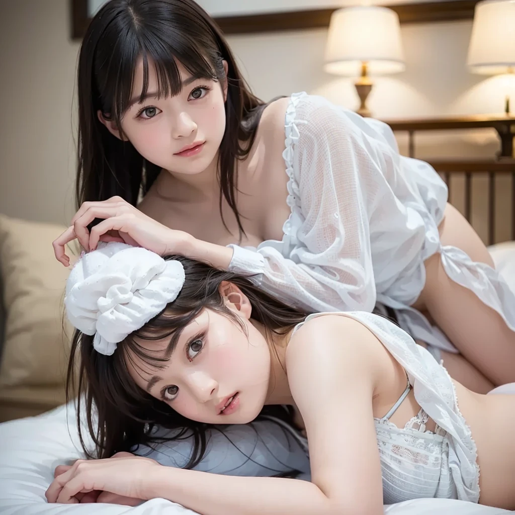 top-quality、​masterpiece、超A high resolution、(Photorealsitic:1.4)、Two twin girls、the kiss、hug、Shoulder、enticing、 stare at each other、Bedroom at night
