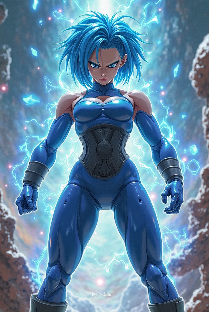 full body photo, Super Saiyan 2, Vegeta/Goku/Gohan cosplay woman, giant breasts, very tight clothes on the body, Blue hair, blue eyes, body covered in blue aura with strong emanation, in fighting position, precise movement, fists upwards, hand clenched, night sky raining heavily with thunderclouds and heavy thunder, vivid colorsm Dragon Ball, Ultra Instinct, ultra detailed, forehead jewel, angry, flustered, determined, Anime, Masterpiece, best quality, 16k, UHD