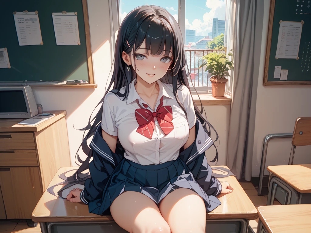 Highest quality、High resolution、Detailed Background、(Beautiful face in every detail:1.4)、Anatomically correct、(Highly detailed face:1.2)、Detailed eyes、Teenage Beauty、(Huge breasts:1.2)、Perfect body line、Braided Ponytail、Navy blue sailor suit、White sailor collar、Navy blue pleated skirt、White Stockings、Attractive thighs、He looked at me with a happy expression.、Accentuate your breasts、Accentuate your cleavage、
(Bottom view of sitting at a desk in a classroom:1.5)、Panty shot、cute