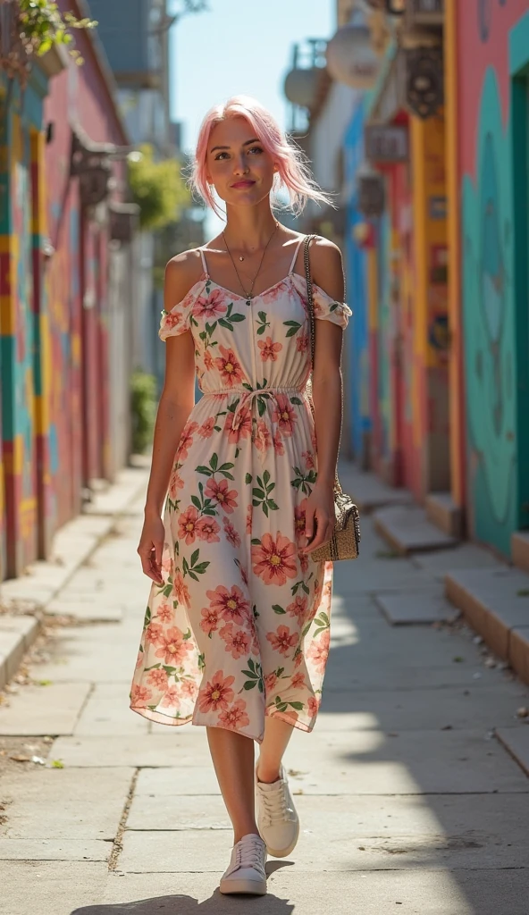 Upskirt, wind blowing up dress, revealing lace thong lingerie, A full-body image of a 25-year-old blonde Caucasian Irish woman with voluminous wavy hair in ponytail , standing on a lively street with colorful buildings in the background. She is wearing a bright, patterned sundress with a vibrant mix of colors, such as red, yellow, and blue. The dress features a fitted bodice and a flowing skirt that moves as she walks. She accessorizes with a pair of large hoop earrings, a stack of bangles, and a woven handbag. Her look is lively, fun, and perfect for a summer day spent exploring a vibrant, bustling neighborhood.