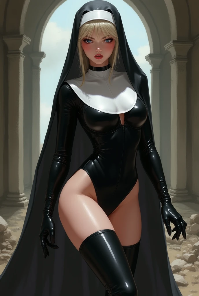 Dynamic shot, ((3 females)), A picture of 2 beautiful succubus dominating 1 sexy nun on a leash, ((2 demon females and a nun)), female domination, exposed, nun, demons, beautiful succubuses, horror, dark, sexy, rough domination, domination, nun on a leash, bdsm, golden chains,(golden leash), collar, beautiful bodies, slim, horror style, highly detailed faces, stockings, (silk lingerie, stockings), leather tight boots, sharp camera angle , closeup, blue background