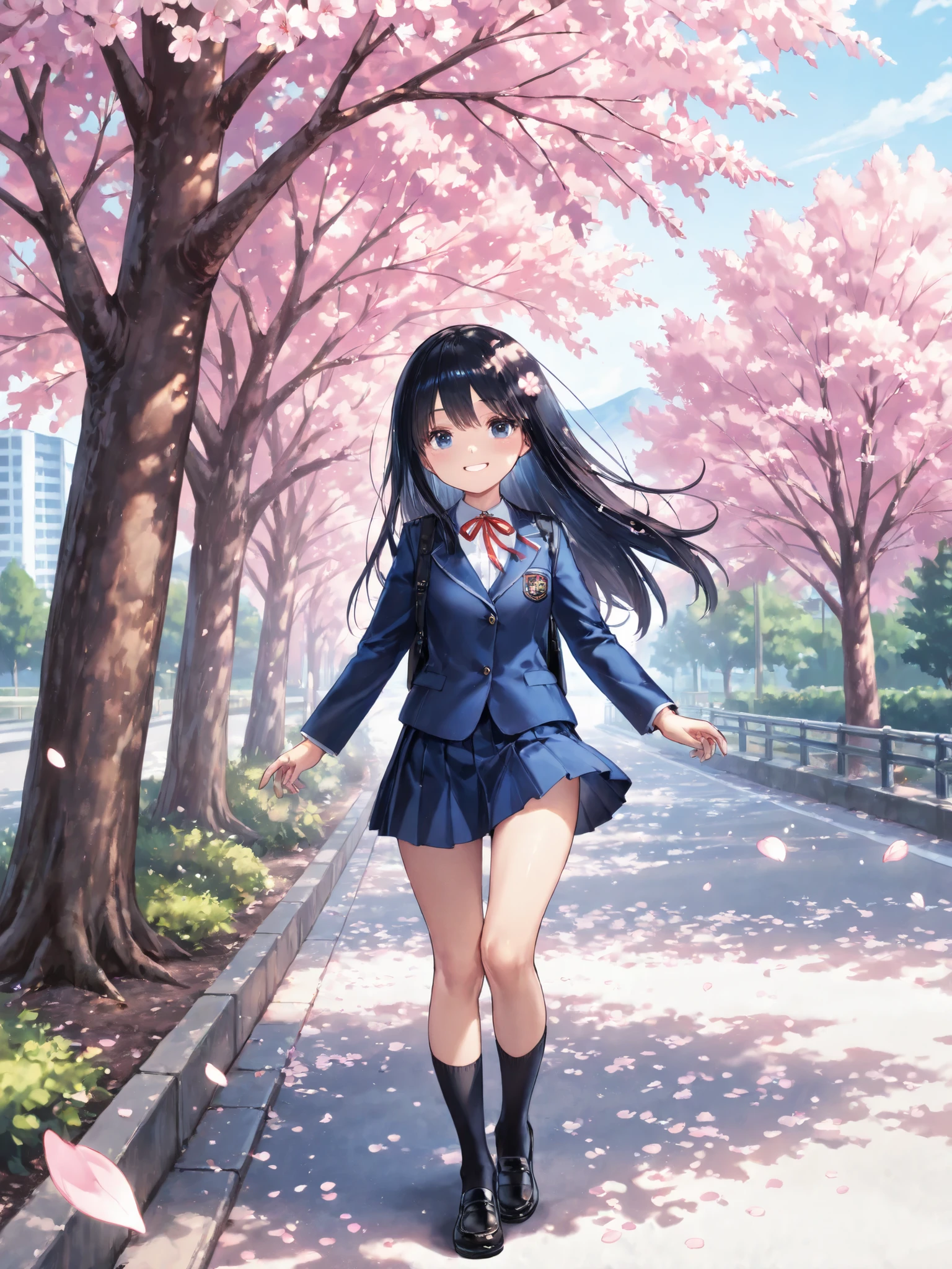 Soft Touch Images、 soft contrast、Japanese high school girl、long black hair、Red ribbon on the back of the head 、cute smile、Invincible Smile、Navy Blue and Green Blazer Uniform、White and Blue Strife Miniskirt、Black School Socks、Dark Brown Strappy Leather Shoes、May Clear Skies、Mountains in the distance、Small Residential Area、Cherry blossom trees、fluttering cherry blossom petals、Spring scene、Streets with Loose Curves、portrait photography、Stray cat walking alone