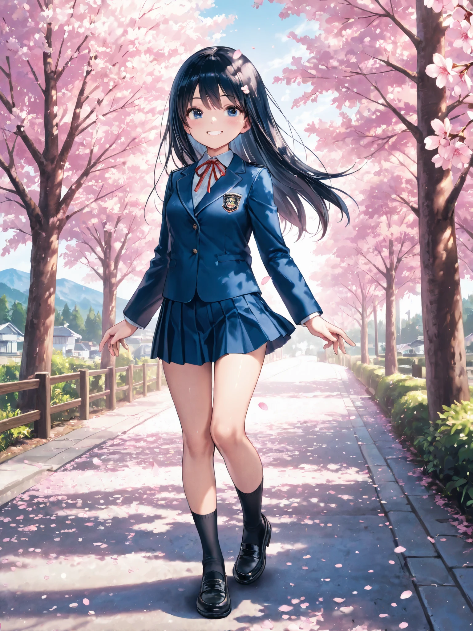 Soft Touch Images、 soft contrast、Japanese high school girl、long black hair、Red ribbon on the back of the head 、cute smile、Invincible Smile、Navy Blue and Green Blazer Uniform、White and Blue Strife Miniskirt、Black School Socks、Dark Brown Strappy Leather Shoes、May Clear Skies、Mountains in the distance、Small Residential Area、Cherry blossom trees、fluttering cherry blossom petals、Spring scene、Streets with Loose Curves、portrait photography、Stray cat walking alone