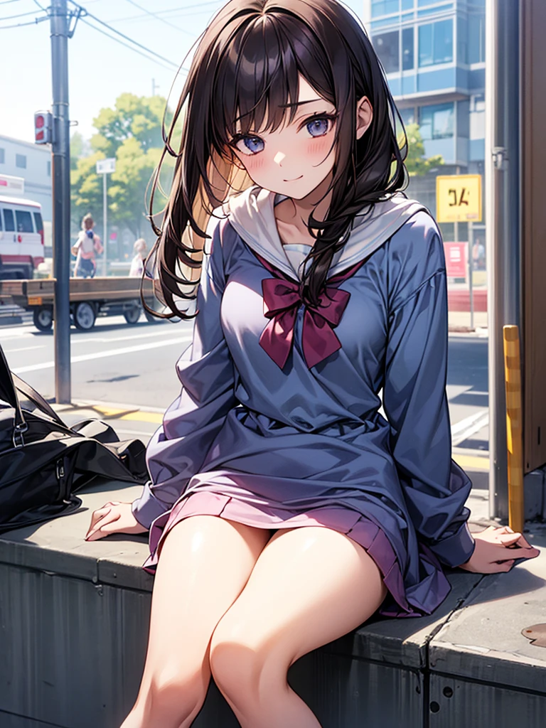 Masterpiece top quality high resolution、(cardigan), Sit with your knees bent、Beautiful legs 、On campus、As if looking up from below、Embarrassing、Beautiful Japanese woman in her 20s、Working on a computer at a window seat、Night view outside the window、Landscape screen size、