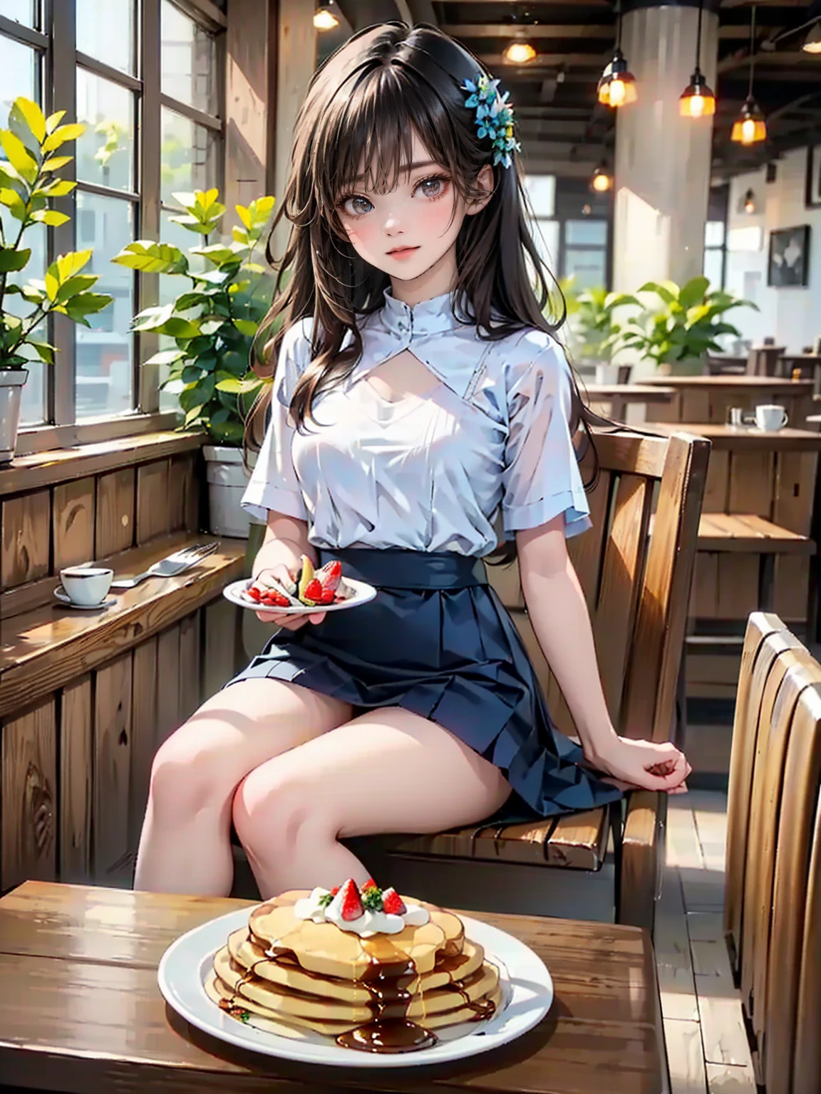 (Increase contrast)、(Increase saturation)、(27 year old super beautiful girl)、(Fair skin)Beautiful woman with perfect figure、Embarrassed face、long hair、Realistic eyes、Natural Makeup、(White tank top、Cleavage、Round and firm breasts)((Very short mini skirt、Knee-high boots)) Brown Hair、((Stylish cafe、Standing posture、Leg spread))((Medium full shot from below and behind、Butt))