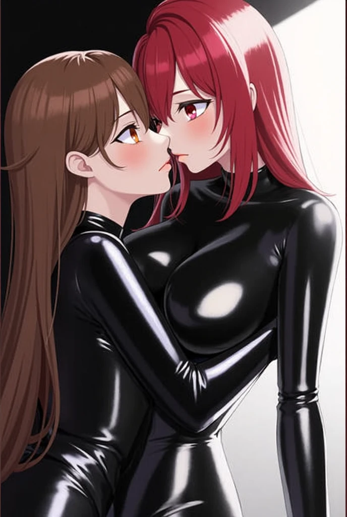 {, reddish brown hair, long hair, sexy lips, red lips, big hoodie, long black boots, thick thighs}and {black short hair, low , girl}, ((two women)), touching, background in the bedroom at night