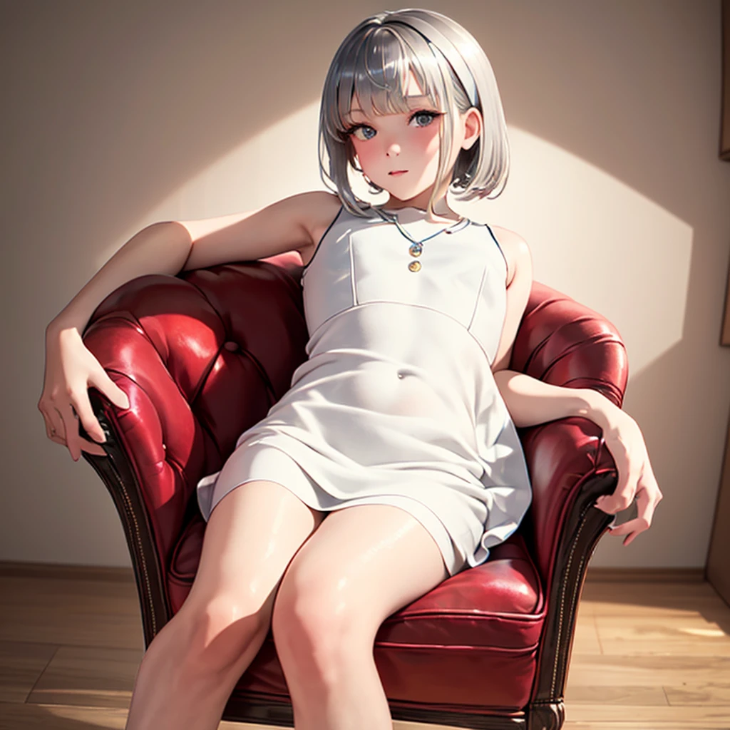 (masterpiece),(best quality),(ultra-detailed), (full body:1.2),
1girl,chibi,cute, smile,
white Bob haircut, red eyes, earring,
white shirt,black skirt, lace legwear,
(sitting on red sofa),
seductive posture, smile,
A sleek black coffee table sits in front of the sofa and a few decorative items are placed on the shelves,
(beautiful detailed face), (beautiful detailed eyes),