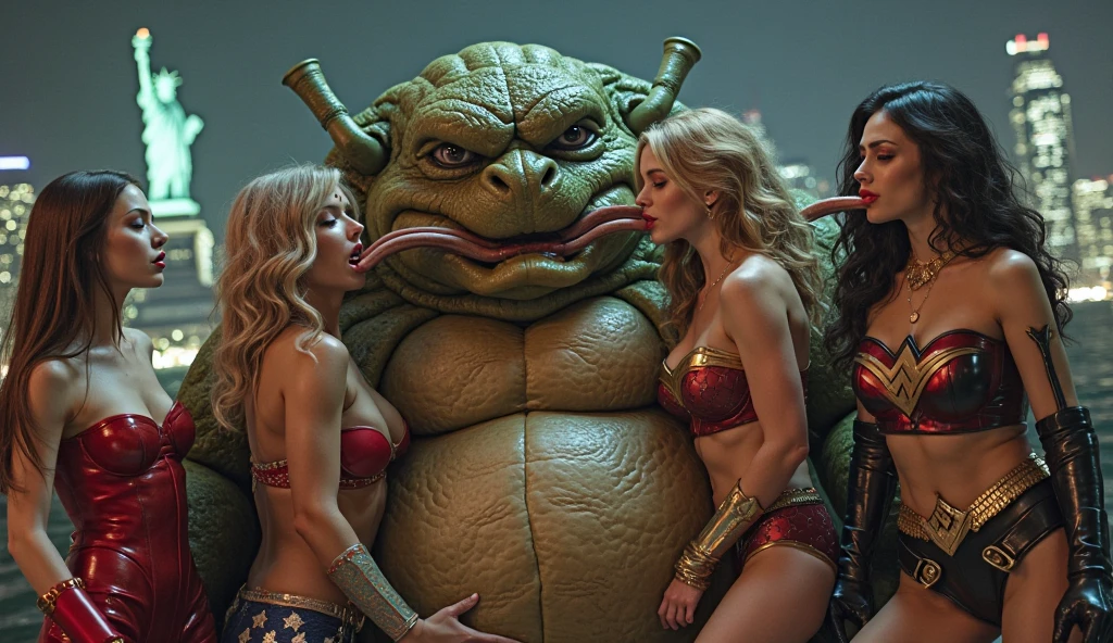 (((Incredibly sexy female Star ship crew member wearing a red revealing uniform))) stands with her (((fully dressed green scaly skinned male Alien captain))) on board ship