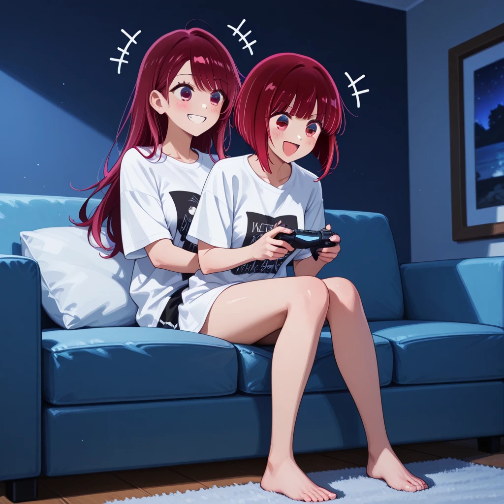 a red haired woman with red eyes is playing video games with two pink haired twin girls with ruby eyes in a living room
