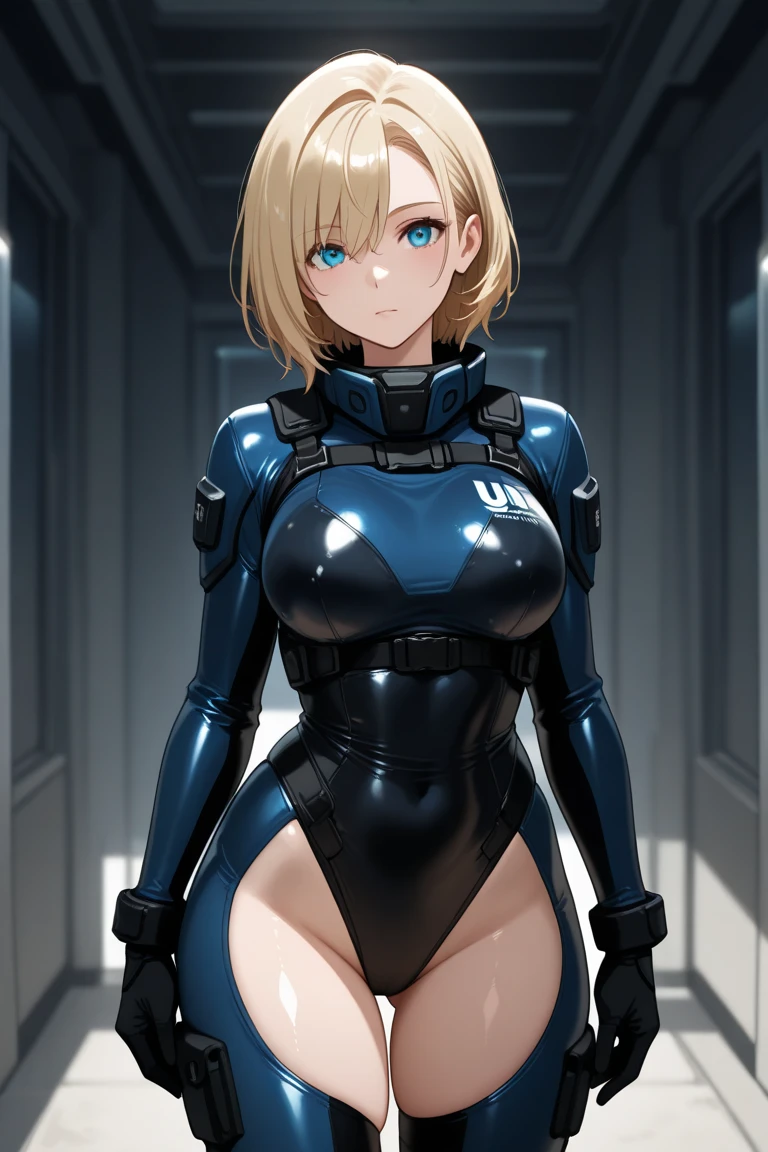 masterpiece, 8k, high quality  of (Beautiful) (starcraft_nova), (Star Craft), (detailed face), maximum details, (diffuse lighting),  (cinematic:1.2), (ISO 100:1), (sexy), (standing), (war field), (gigantic chest), (very tight suit) (blue eyes)