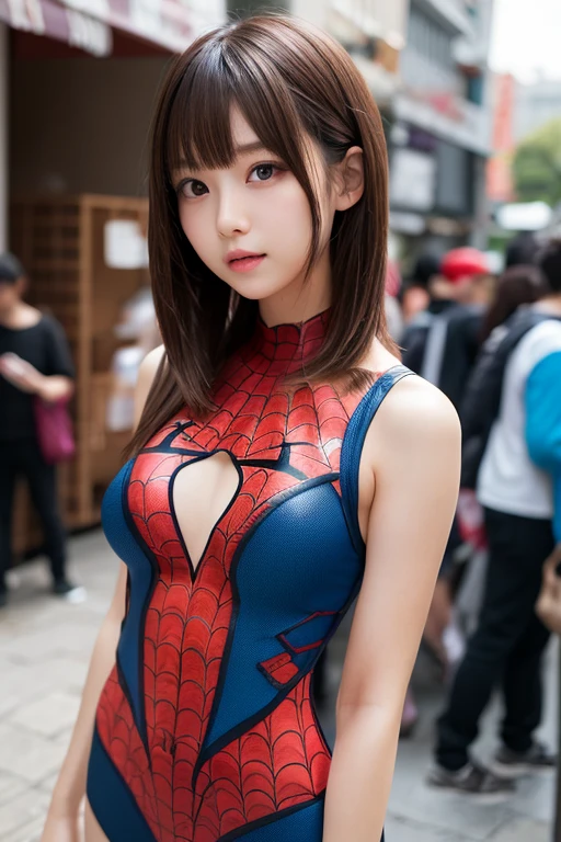 Detailed defined body of a beautiful woman with spiderman cosplay, Small breasts