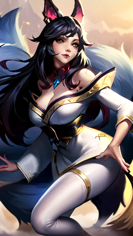 (SFW:1.4), masterpiece, best quality, highres 16k, clean, beautiful face, (beautiful eyes + detail), sexy female body, (beautiful hair + detail), (small breast + perfect), 1girl, solo, ahri_\(league_of_legends\), league_of_legends, bangs, black_hair, facial_mark, animal_ears, fox_ears, tails, fox_ tails, long_hair, orange_eyes, smile, fang, detached sleeves, (red off-shoulder dress + detail), excited, blush, cowboy shot, (spacecraft:1.3 + window), <lora:ahri-000045:0.7>, hair ornament, veil:1.3, cleavage cutout, warfrane prime, <lora:warframe_v1-000012:0.69> <lora:CutesyV2:0.75>