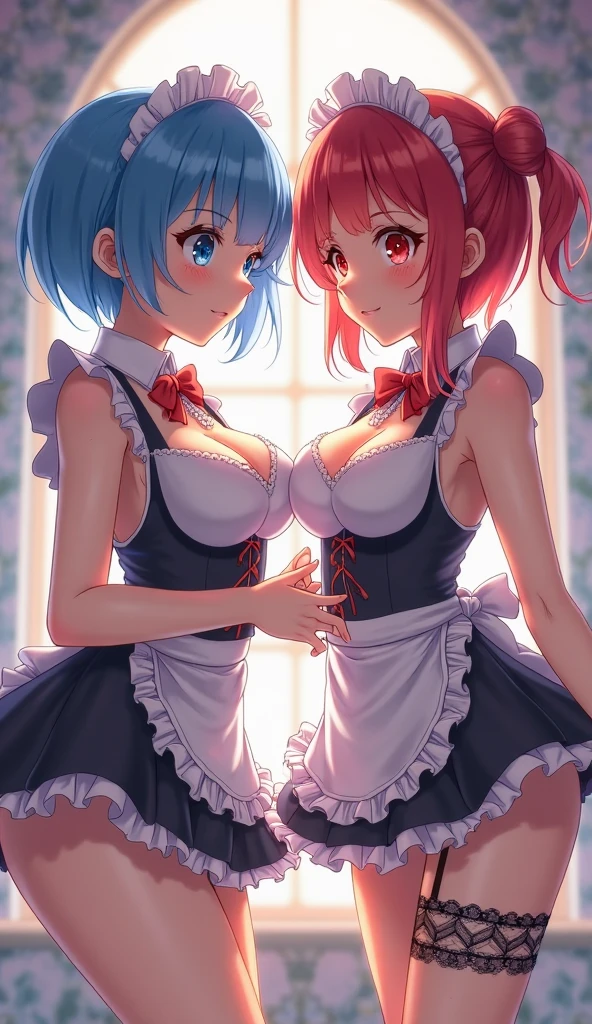 masterpiece, highest quality, Super detailed,realistic, 
(2 girls,Re Zero,(one girl:Rem, blue hair, short bob hair, big breasts),(other girls:rum,pink hair, short hair, big breasts),smile,clavicle,belly button), (white theme:white collar yシャツ),((short sleeve, white collar)),
(black theme:Black suspenders,black tight latex shorts,high boots),(naked thighs)
