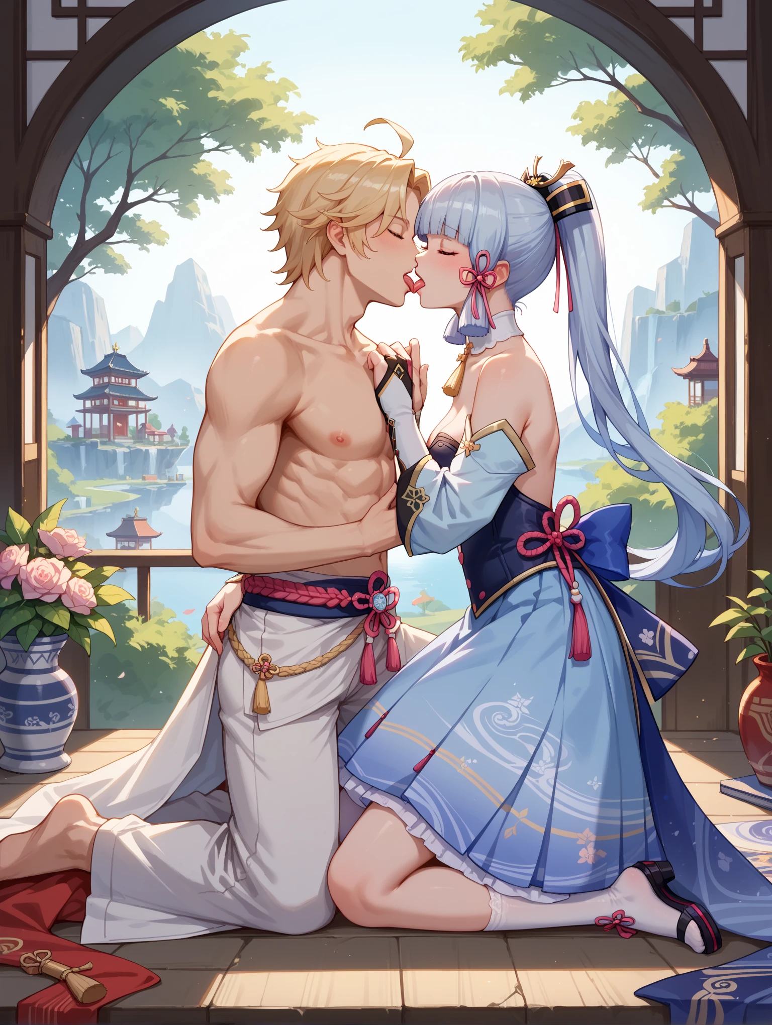 score_9, score_8_up, score_7_up, score_6_up, source_cartoon, source_anime, fdom_awall, hetero, 1boy and 1girl, detailed background, medieval, shrine, aether from genshin, ayaka from genshin, femdom, rating_explicit, open mouth, breast press, erect penis, large penis, lhand_crotch, (handjob), rhand_wall, nude, lace lingerie, nipples, panties, cum drip