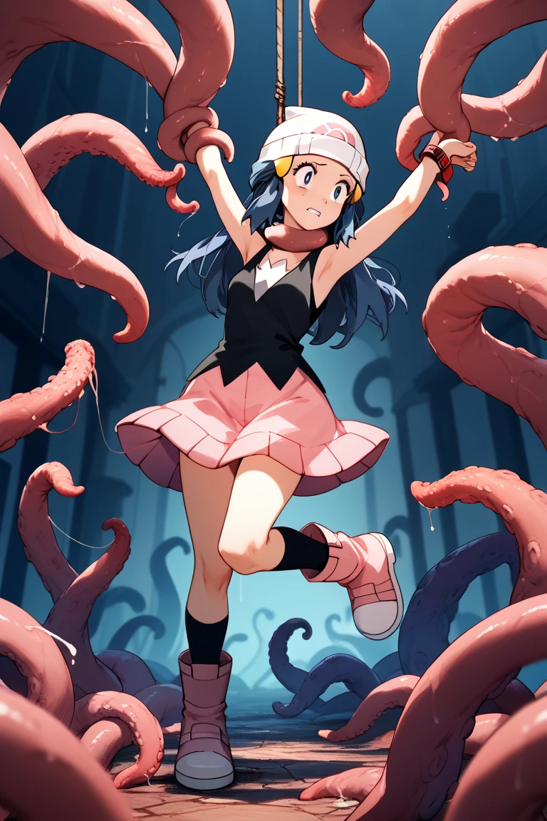((masterpiece, best quality)), absurdres, cinematic composition, masterpiece, best quality, highres, sf1, my little witch academia style, female woman bounded, blue hair, yellow eyes, bound to chair , (tentacles wrapped around body), bounded by tentacles, tentacles through clothes, legs wide open, legs open, spread legs, restrained legs, restrained arms, bondage ropes, machine bondage, laughing, tears, tears from laughing, tickling, sailor clothes, big breasts