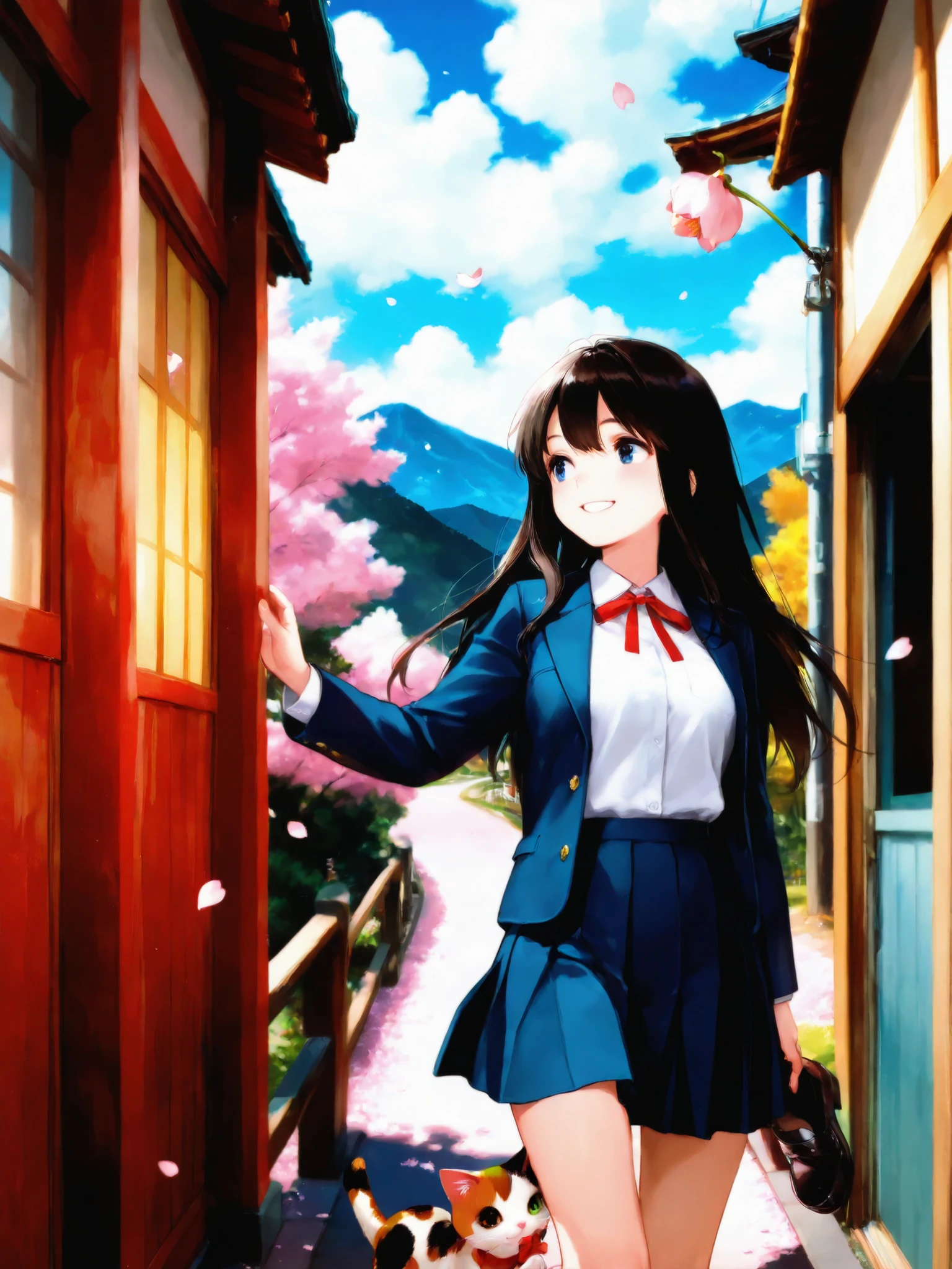 soft touch expression image quality、 soft contrast、Japanese high school girl、long black hair、Red ribbon on back hair、cute smile、Invincible Smile、Navy Blue and Green Blazer Uniform、White and Blue Strife Miniskirt、Black School Socks、Dark Brown Strappy Leather Shoes、May Clear Skies、Mountains in the distance、Small Residential Area、Cherry blossom trees、fluttering cherry blossom petals、Spring scene、path with loose curves、portrait photography、calico cat walking alone